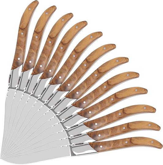 Laguiole Style Steak Knife Set of 12, Non-serrated Steak Knife Set with Olive Wood Handle, Sharp Stainless Steel Steak Knives with Gift Box, Dinner Cutlery Set for Home Party
