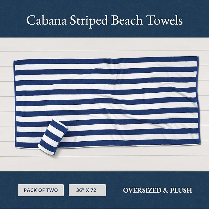 LANE LINEN 100% Cotton Beach Towel - 2 Pack Beach Towels Oversized, Cabana Stripe Large Beach Towel, Soft & Quick Dry Pool Towels, Beach Essentials for Women, Quick Dry Towel (36" x 72”) - Blue