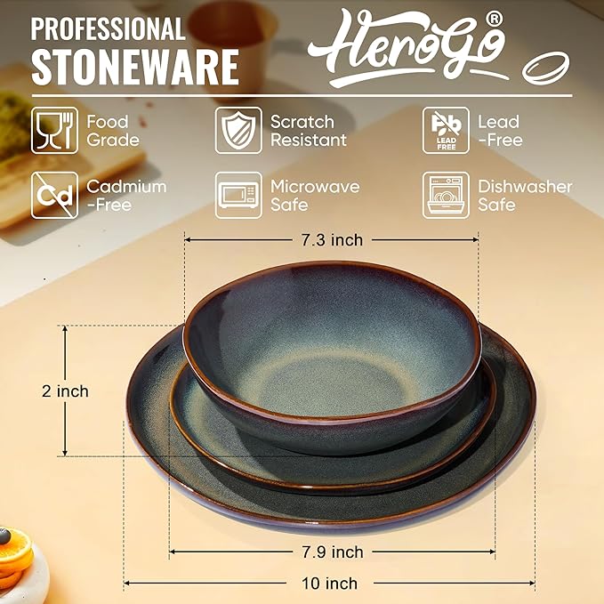 Herogo Stoneware Dinnerware Sets for 8, 24 Piece Plates and Bowls Dish Set, Irregular Handmade Dinner Ware Dishware for Kitchen Dinning, Microwave & Dishwasher Safe, Lichen Green