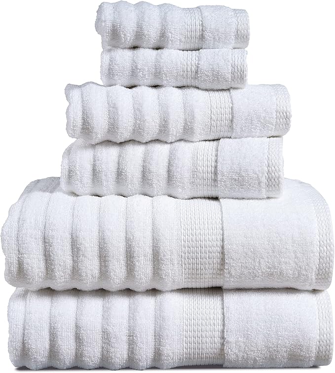 LANE LINEN White Bath Towels Set of 6-100% Cotton Towels for Bathroom, Hotel & Spa - Zero Twist, Premium Quality, Soft, Absorbent, Ribbed Bathroom Towel Set - Includes 2 Bath, 2 Hand & 2 Washcloths