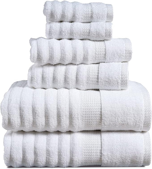 LANE LINEN White Bath Towels Set of 6-100% Cotton Towels for Bathroom, Hotel & Spa - Zero Twist, Premium Quality, Soft, Absorbent, Ribbed Bathroom Towel Set - Includes 2 Bath, 2 Hand & 2 Washcloths