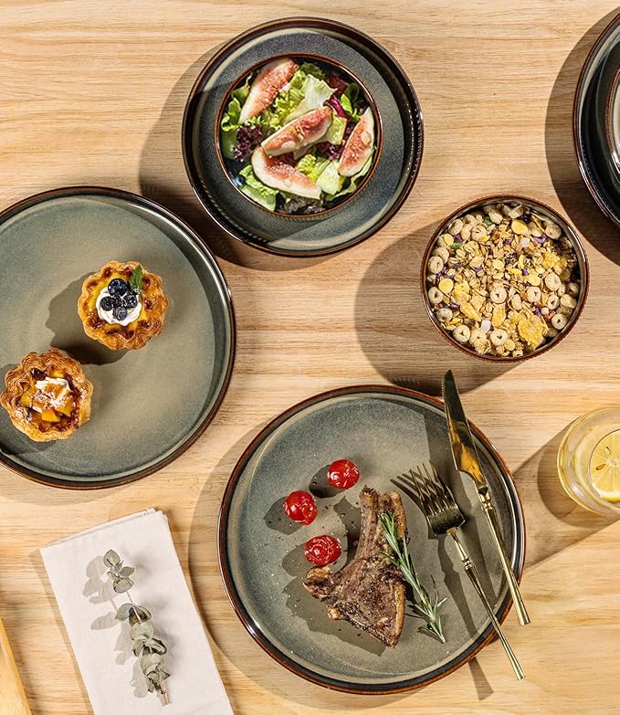 TheTerra Ceramic Dinnerware Sets with Pasta Bowls for 4, 16 Pieces Porcelain Lightweight Plates and Bowls Sets, Scratch Resistant Dish Set, Oven & Microwave & Dishwasher Safe, Coca Mocha