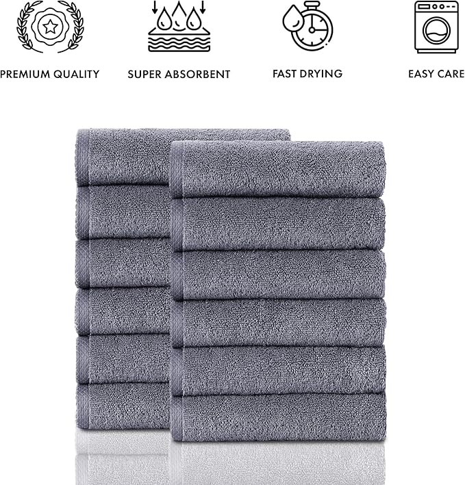 Classic Turkish Towels CTT Luxury Turkish Washcloths for Your Body - 12 Piece Set of Face Towels for Drying Face, Made with 100% Turkish Cotton, Absorbent & Comfy | 12"x12" (Grey)