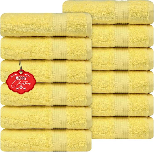 Ample Decor Hand Towel 18 X 28 Inch Pack of 12 600 GSM 100% Cotton, Oeko Tex Certified Soft Absorbent Thick Durable Premium Quality, for Hotel, Bathroom, Spa, Gym - Machine Washable - Yellow