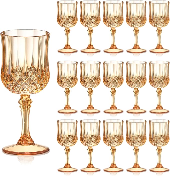 XUWAIDSGN 16 Pcs 7oz Plastic Vintage Wine Glasses Drinking Glasses Unbreakable Wedding Glassware Crystal Water Goblets Reusable Drinkware Vintage Champagne Flutes (16, Amber)