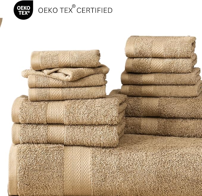 Lane Linen 100% Cotton Towel Set for Bathroom - 24 PCs - Durable, Soft, Quick Dry & Absorbent Towels - 2 Bath Sheet, 4 Fingertip, 8 Washcloths, 4 Bath & 6 Hand Towels for Bathroom - Family Set - Beige