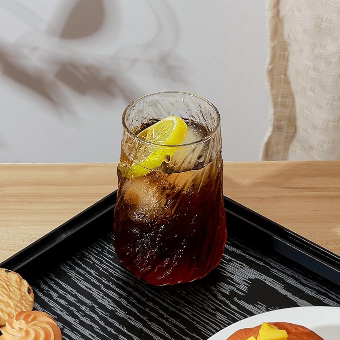 Koythin 2-Piece Ribbed Glass Cups, Vintage Drinking Glassware for Iced Coffee Juice Cocktails Milk Tea Beer, 14 oz/400 ml Cute Cute Bubble Cup with Spiral Tree Texture (Irregular Twill)