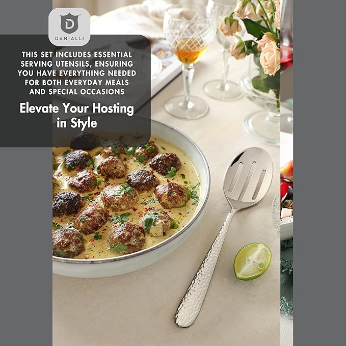 Hammered Silverware Set with Serving Utensils, 18/10 Stainless Steel Flatware for 8, Dishwasher Safe, Mirror Finish, Heavy-Duty, Built to Last (45-Piece Including a Serving Set, Fidenza Hammered)