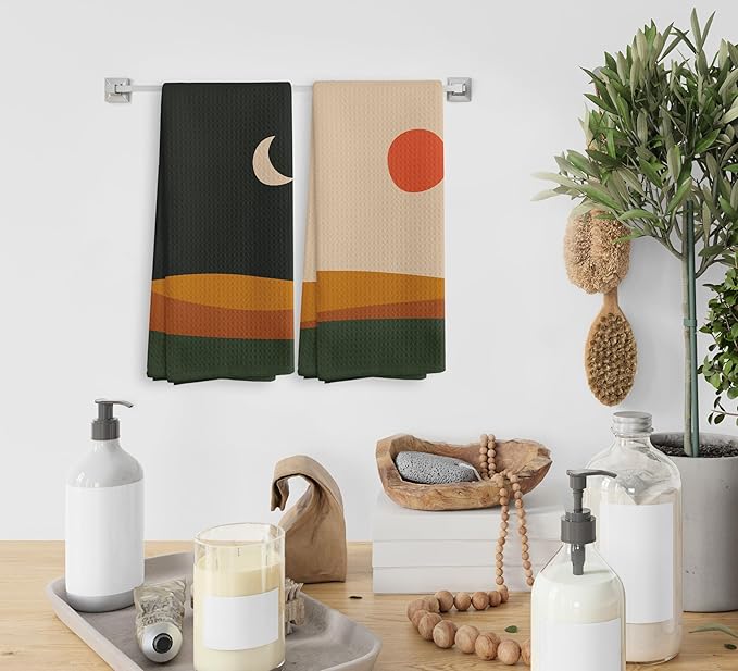 Abstract Boho Sun Moon Mountain Lake Landscape Kitchen Towels and Dishcloths Sets of 2,Boho Absorbent Drying Cloth Hand Towels Tea Towels for Bathroom Kitchen,Boho Gifts for Women Girls,16×24 inches