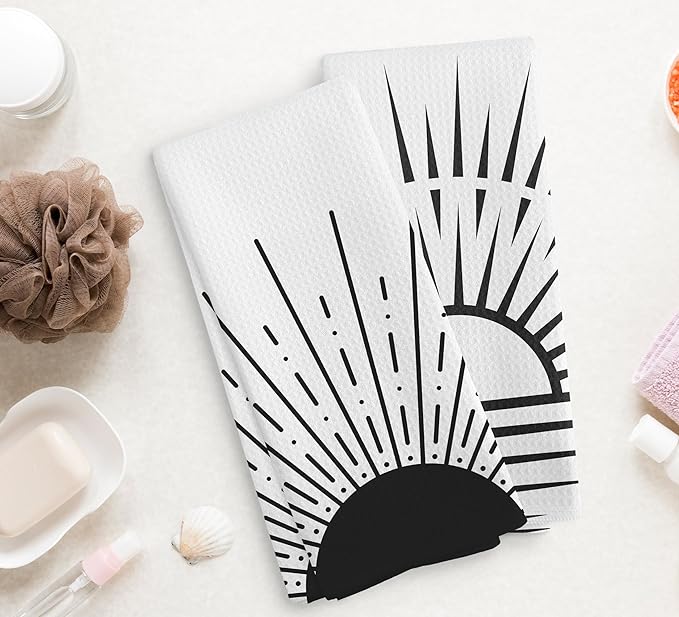 Minimalist Boho Black Sun Rising from Ocean Vintage Sunburst Sunshine Kitchen Towels and Dishcloths Sets of 2,Boho Absorbent Drying Cloth Hand Towels Tea Towels for Bathroom Kitchen,16×24 inches