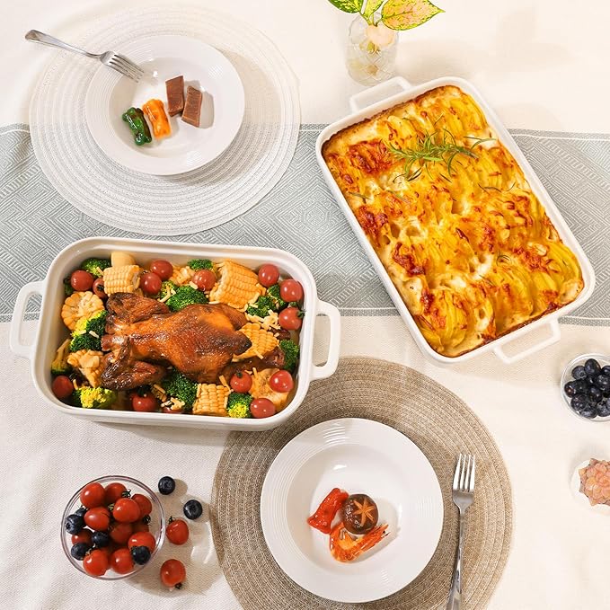Casserole Dish,Large Baking Dish Cookware,Deep Lasagna Pan for Oven,Ceramic Bakeware for Baking, Easy to Clean (White, 5.5 Quart,No Lid)
