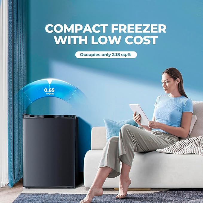 2.2 Cu.ft Upright Freezer, Small Mini Freezer with Adjustable Thermostat, Removable Shelves, Reversible Single Door, for Bedroom/Home/Dorms/Apartment (Black)