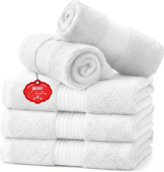 Ample Decor Washcloths Pack of 5 12 X 12 Inch, 600 GSM 100% Cotton Soft Absorbent, Premium Quality Durable Ideal for Bathroom, Pool, Hotel, Spa - Christmas White