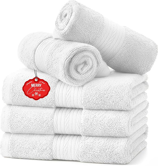 Ample Decor Washcloths Pack of 5 12 X 12 Inch, 600 GSM 100% Cotton Soft Absorbent, Premium Quality Durable Ideal for Bathroom, Pool, Hotel, Spa - Christmas White