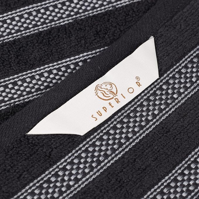 Superior Cotton Face Towel/Washcloth Set, Zero Twist, Ribbed Geometric, Small Facial Towels, Spa, Hotel, Guest, Home, Bathroom Basics, Plush Soft Absorbent, Luxury Quick Dry, Set of 12, Black