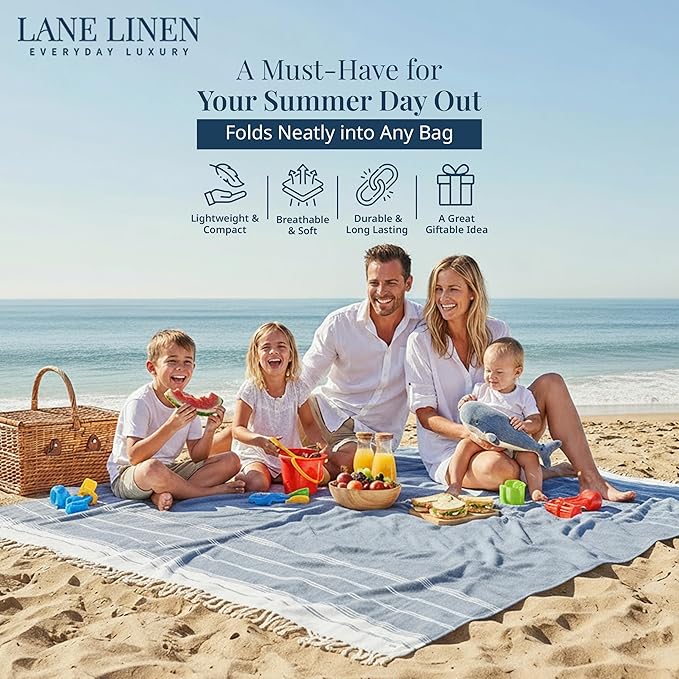 LANE LINEN Camping Blanket - Large Beach Towel, Beach Accessories with Oversized Comfort (82"x82"), Sandproof, Perfect for Seaside Adventures, Park Gatherings, or Family Beach Days – Navy Blazer