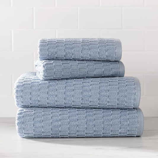 DKNY Metro Tile Quick Dry 100% Cotton Towel Set for Bathroom – 2 Bath, 2 Hand, Zero Twist, Absorbent, Supremely Soft, 550 GSM, 4 Piece, Blue
