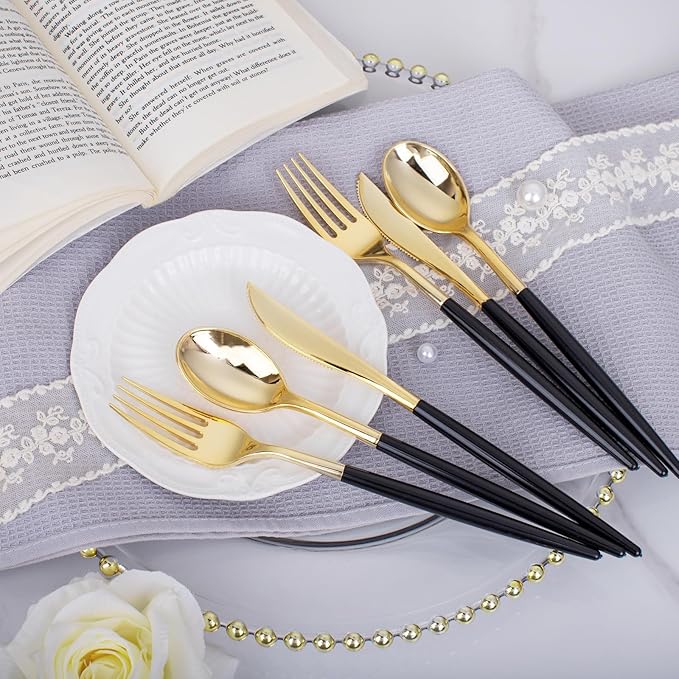 I00000 60 Pack Gold Silverware Set with Black Handle,Heavy Duty Black Plastic Cutlery Include 20 Forks 20 Knives 20 Spoons, Plastic Utensils Set for Party