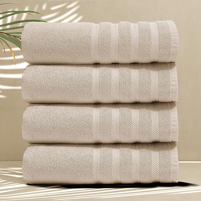 Hearth & Harbor Bath Towels for Bathroom - 100% Ring Spun Cotton Luxury Bathroom Towels - Soft & Highly Absorbent 4 Bath Towels, Cream