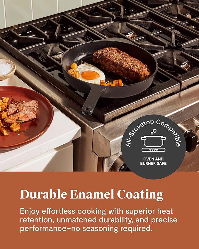 Caraway Cast Iron Skillet - 10.5” Enameled Cast Iron Pan With 3 Layer Enamel Coating - No Seasoning Required - Compatible With All Stovetops - Free From Forever Chemicals - Charcoal
