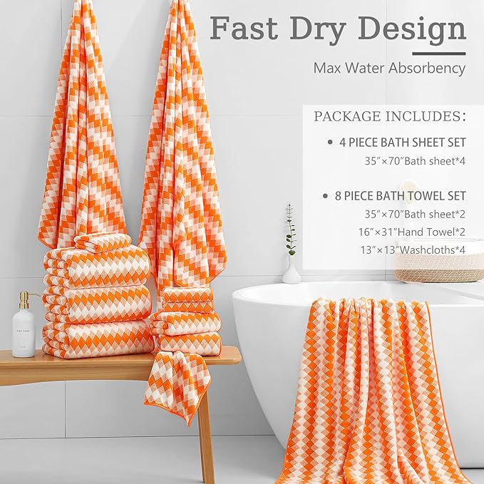 4 Piece Extra Large Bath Towel Set Oversized Bath Sheet 35"x70" Bathroom Towel Set Soft Highly Absorbent & Quick Dry Premium Bath Towel for Bathroom 600GSM Shower Towel Spa Gym Hotel,Orange