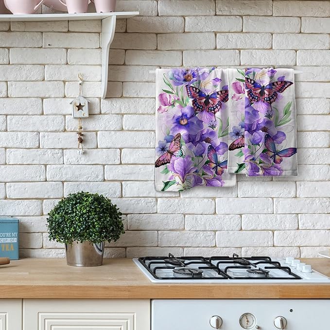 Imiss Purple Floral Butterfly Hand Face Towel 14.4 x 28.3 Inch Set of 2 Watercolor Botanical Plant Leaves Decor Bathroom Fingertip Multipurpose Towels for Home Hotel Gym Spa