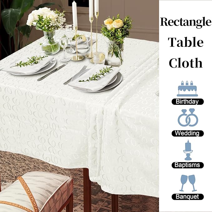Wedding Tablecloths, 1PC Washable Table Cover for Rectangle Tables 60"x102" (8-10 Seat) - Cotton Polyester | Reusable | Wrinkle/Fade Resistant, White Table Cloth for Party & Banquet, Bow Jacquard