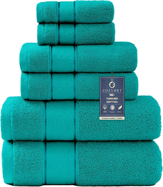 COZYART Turquoise Bath Towels Set 6 Piece, Luxury 100% Turkish Cotton 650GSM Hotel Quality, Soft, Absorbent,Towel Sets for Bathroom | 2 Bath Towels 2 Hand Towels 2 Washcloths