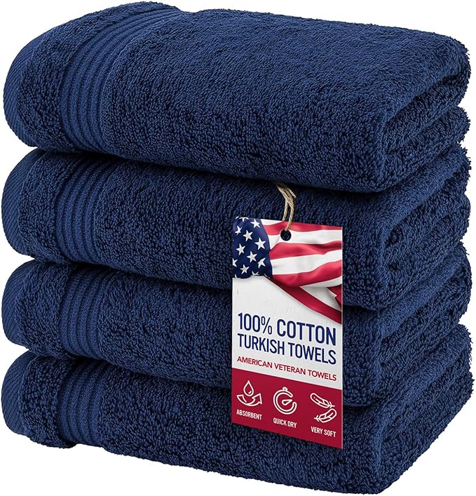 American Veteran Towel, Hand Towels for Bathroom Set of 4, 100% Cotton Turkish Hand Towel Sets, Soft Hand Face Towels, Navy Blue Hand Towels