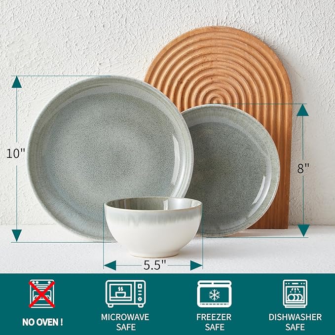 Gradient Green Stoneware Dinnerware Sets, 12 pcs Reactive Glaze Plates and Bowls Sets, Handmade Ceramic Round Dishes Set for 4, Highly Chip and Crack Resistant Modern Plate Set
