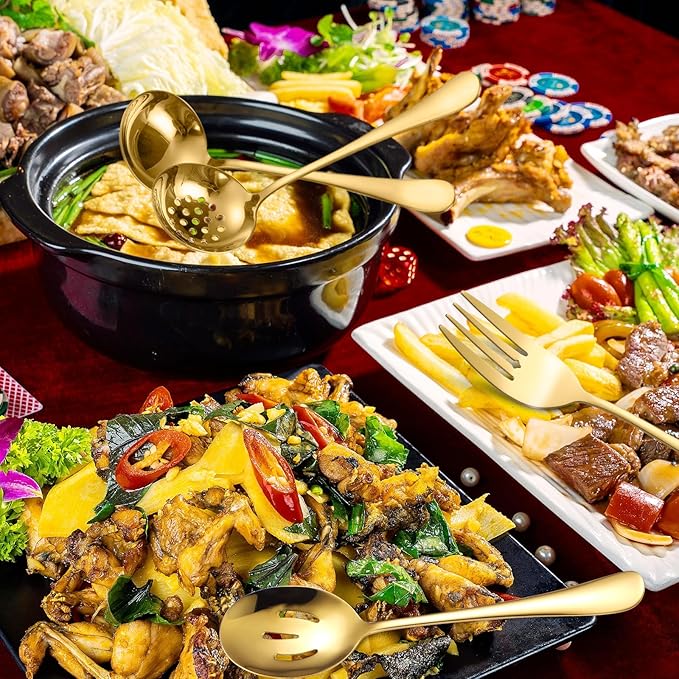 A· HOUSEWARE Gold Kitchen Utensils Serving Set 10 Piece Catering Silverware Stainless Steel Flatware for Buffet Party include Tong Serving Spatula Skimmer Ladles Big Fork Cheese Knife Dessert Spoon