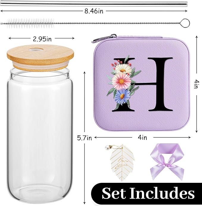 AYGXU Birthday Gifts for Women,Initial Glass Cup,Cute Tumbler Cup,bamboo lids for glass cups,Travel Jewelry Organizer,Teen Girls Gifts for Teenage Girls Birthday,Initial H purple