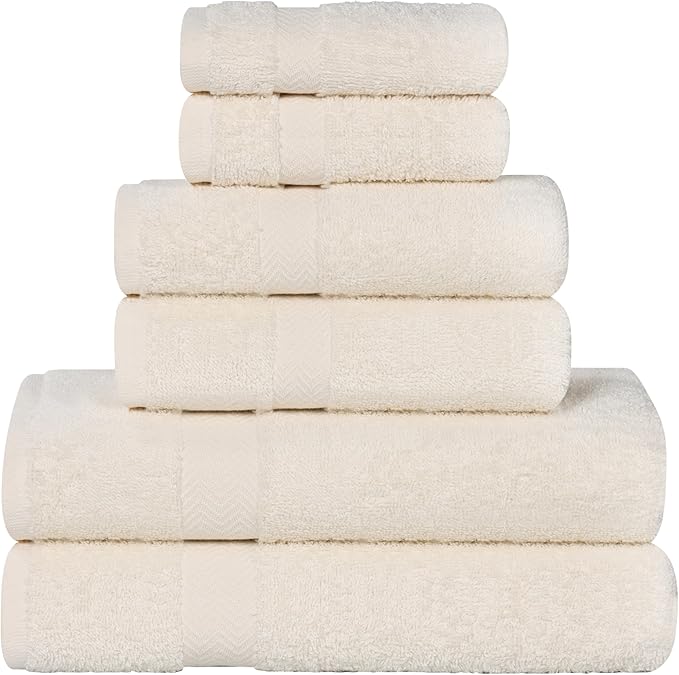 Superior 6-Piece Cotton Assorted Towel Set, Includes 2 Face/Washcloths, 2 Hand, and 2 Bath Towels, Lightweight Essentials, for Home, Gym, Beach, Bathroom, Quick Drying, Franklin Collection, Ivory