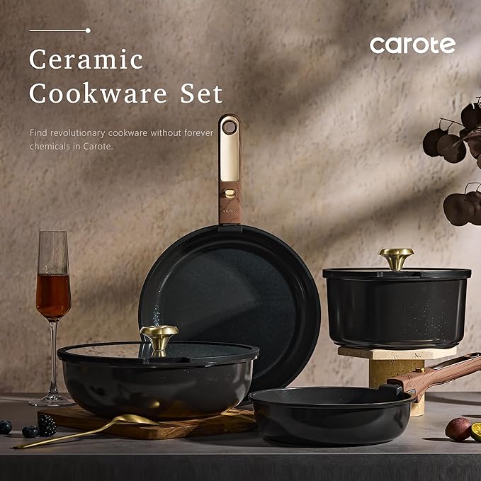 CAROTE 15Pcs Ceramic Cookware Set, Pots and Pans Set Non stick, Kitchen Cooking Set with Detachable Handle, Non Toxic Induction Cookware, Dishwasher/Oven Safe, PFAS Free, Black&Gold
