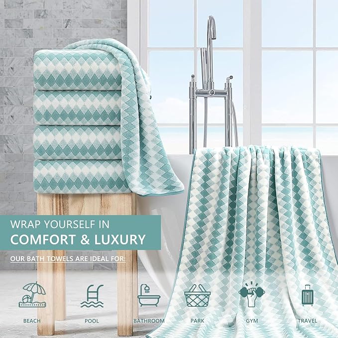 4 Piece Bath Towel Set Oversized Bath Sheet 35"x70" Bathroom Towel Extra Large Towel Set Soft Highly Absorbent & Quick Dry Premium Bath Sheet for Bathroom 600GSM Shower Towel Spa Gym Hotel,Aqua