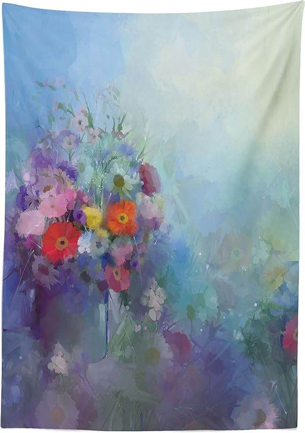 Ambesonne Flower Tablecloth, Vintage Dramatic Orchids in Retro Vase Botanical Concept Flowers of Nature, Rectangular Table Cover for Dining Room Kitchen Decor, 60" X 84", Purple Blue