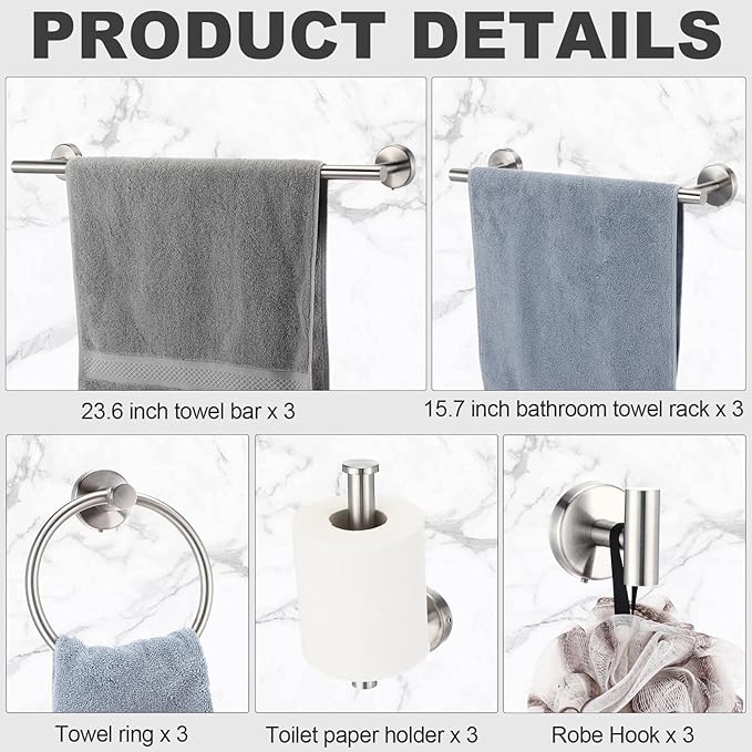 Gisafai 25 Pcs Bathroom Hardware Set, 23.6 Inch Brushed Towel Bar Ring Toilet Paper Holder Robe Towel Hook, Sus304 Stainless Steel Bathroom Accessory Set Wall Mounted (Silver)