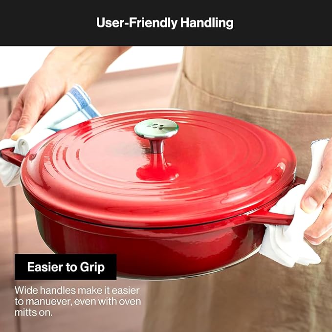 Misen 5.5 QT Braiser – Enameled Cast Iron Pan for Searing, Braising & Slow Cooking – No-Chip Enamel Coating – Extra-Wide Handles – Superior Heat Retention & Even Cooking - Red