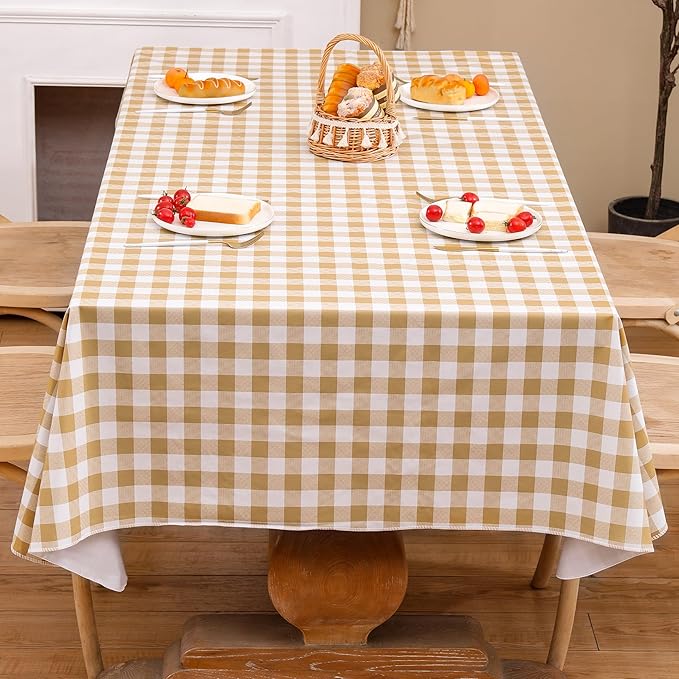 Heavy Duty Vinyl Tablecloth with Flannel Backing Waterproof Oil-Proof Plastic Table Cloth Stain-Resistant Wipeable Rectangle or Square Table Cover for Indoor and Outdoor (Khaki Checkered, 54x54 Inch)