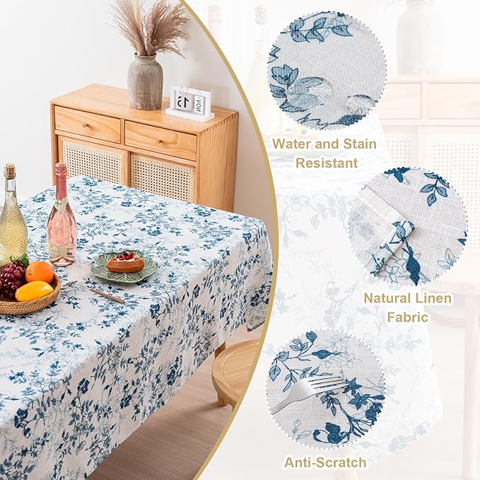 H.VERSAILTEX Linen Table Cloths Floral Printed Tablecloth Spill-Proof Waterproof Table Cover for Dining Buffet Feature Soft and Thick Fabric Wrinkle Free, 60 x 84 Inch, Retro Floral - Stone Blue