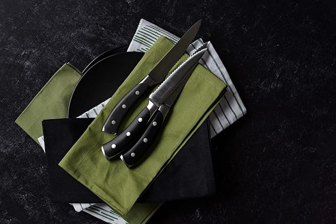 DURA LIVING 8-Piece Serrated Kitchen Steak Knife Set – Forged High Carbon Stainless Steel, Ultra Sharp, Ergonomic Black Handles, Durable Dinner Knives, Black Handle