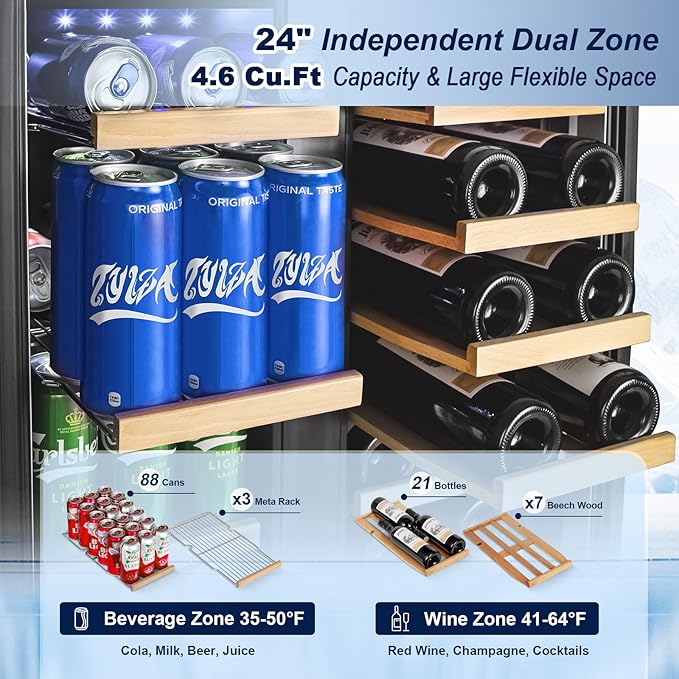 Wine and Beverage Refrigerator with Glass Door, 24-Inch Dual Zone Wine Fridge Under-Counter,4.6 Cu.Ft. 65 Cans and 20 Bottles Wine Cooler,Built-in or Freestanding Wine and Drink Fridge with Blue Light
