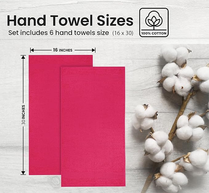 Premium Hand Towels Pack of 6 (16" x 30”) 100% Combed Ring Spun Cotton | Highly Absorbent Hand Towels Set | Ultra Soft for Home, Gym & Spa (Raspberry)