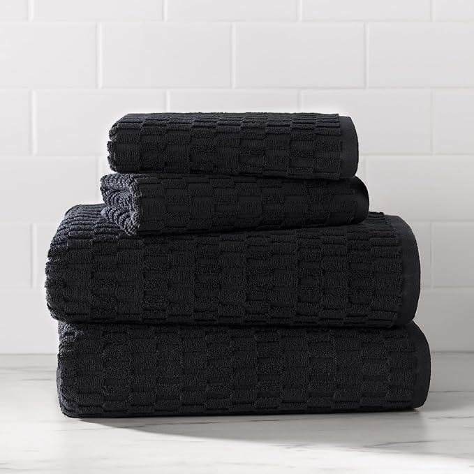 DKNY Metro Tile Quick Dry 100% Cotton Towel Set for Bathroom – 2 Bath, 2 Hand, Zero Twist, Absorbent, Supremely Soft, 550 GSM, 4 Piece, Black