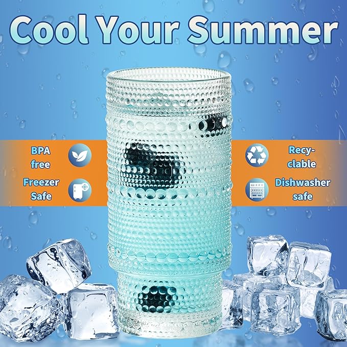 KEMORELA Glass Cups Vintage Glassware Set of 6 Large, Hobnail Drinking Glasses, 16oz Glass Cups With Straws, Romantic Hobnail Highball Glasses, Bar Beverages Ice Coffee Cup Glassware