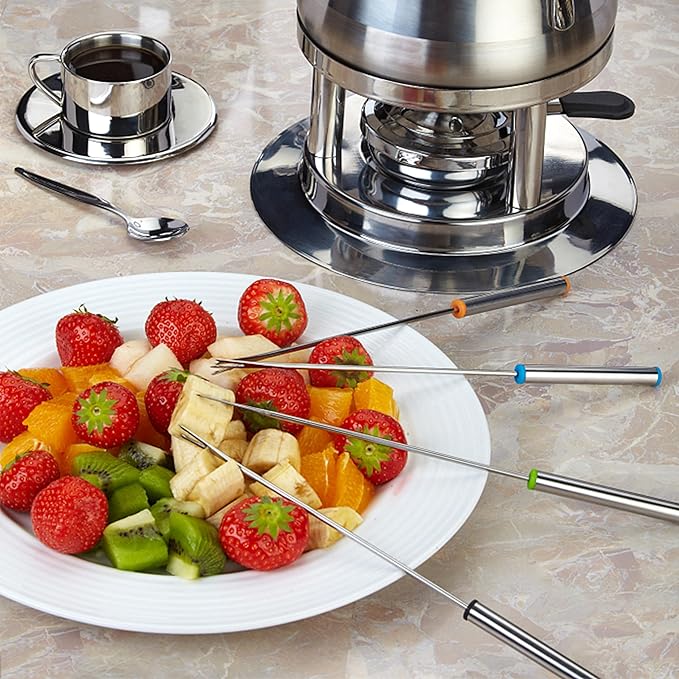 6 PCS Stainless Steel Fondue Forks, 9.5 Inch Color-Coded Cheese Fondue Forks Smores Sticks with Heat Resistant Handle for Chocolate Fountain Cheese Fondue Roast Marshmallows Desserts Fruits