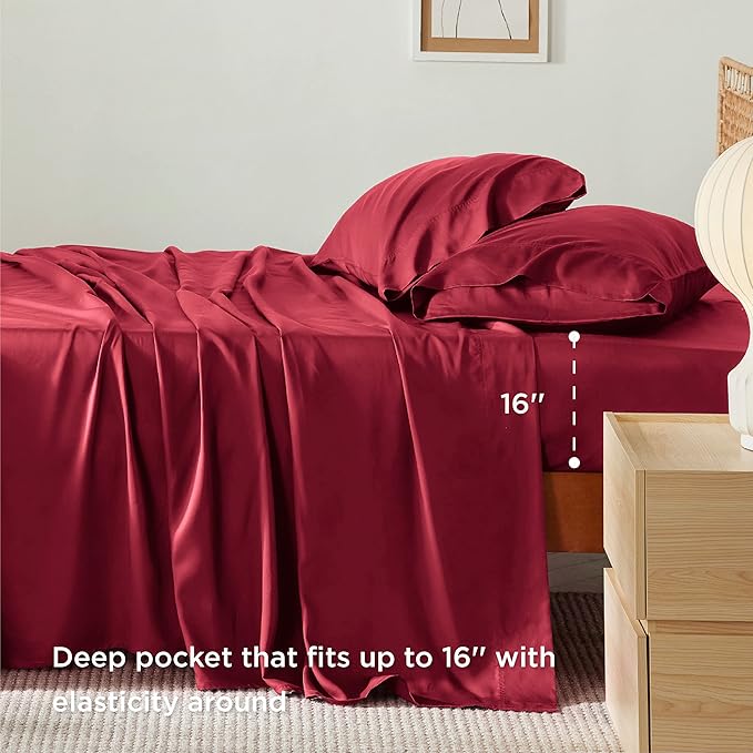Bedsure Queen Sheet Set, Rayon Derived from Bamboo, Cooling Sheets, Breathable & Soft, Deep Pocket Up to 16 Inches, Hotel Luxury Silky Bedding for Hot Sleepers, Burgundy