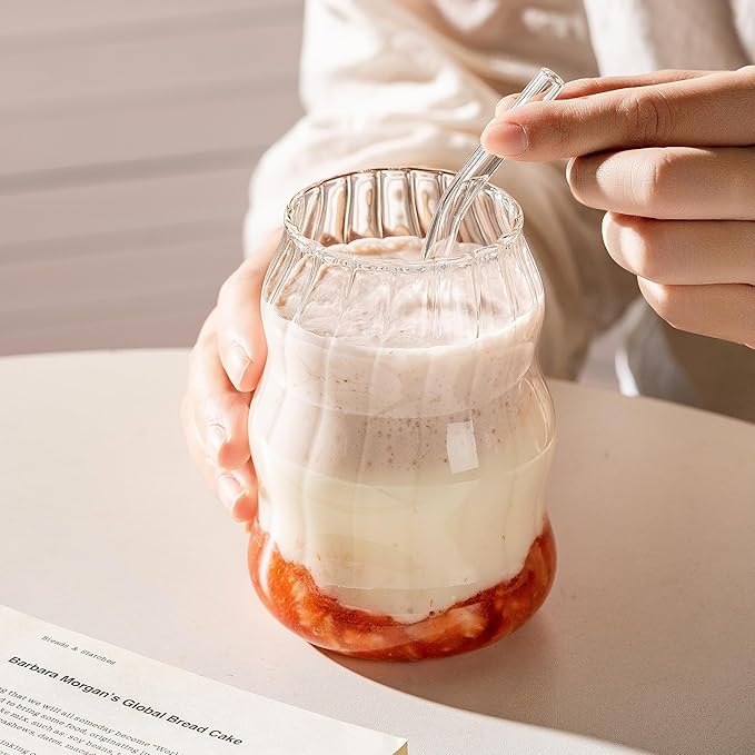 2 Pcs Ribbed Glass Cups Set with Straws 18 Oz Vintage Drinking Glassware Ripple Cocktail Glasses for Iced Coffee Soda Tea Juice Beverage Milk Reusable Tumblers