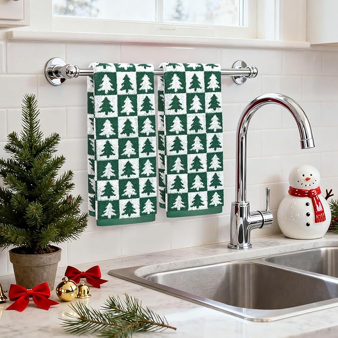 Jacquotha Christmas Hand Towels Set - 4-Piece Green Checkered & Tree Towels for Bathroom Kitchen Decor, Holiday Winter Cheer, Cotton, 13” x 29”