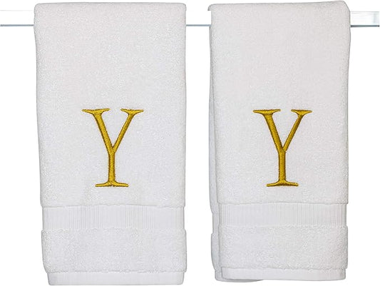 Monogrammed Hand Towels for Bathroom - Luxury Hotel Quality Personalized Initial Decorative Embroidered Bath Towel for Powder Room, Spa - GOTS Organic Certified - Set of 2 Gold Letter Y